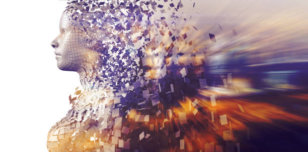istock Side view of gray pixelated 3d woman 1305573782