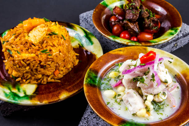 istock full meal, rice with chicken, roast beef, fish ceviche 1305575679