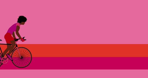 istock African American cyclist is riding bicycle on the pink background.Cartoon , flat design , illustration 1305577241