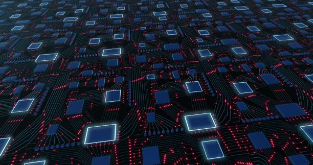 istock Abstract futuristic motherboard schematic with pulsating neon lights. Conceptual sci-fi animation. 3D rendering 1305577263