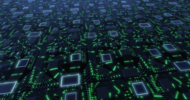 istock Abstract technology concept with moving lights and imitation of a printed circuit board on a green background. Internet technologies for business. 3D rendering 1305577266