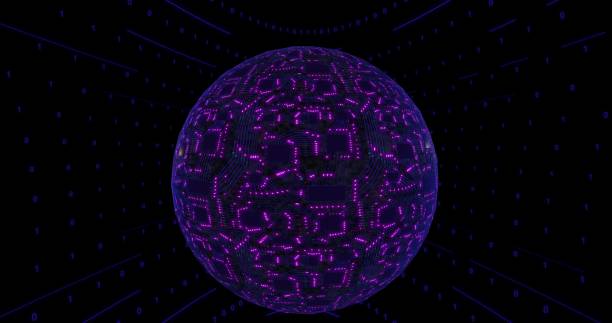 istock Violet 3D digital concept, sphere planet with circuit board and cpu. Digital neural network. CPU power ripple 3D rendering 1305577273