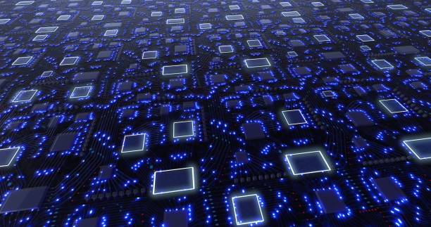 istock Concept printed circuit boards with blue pulsation of glowing signals 3D rendering 1305577276