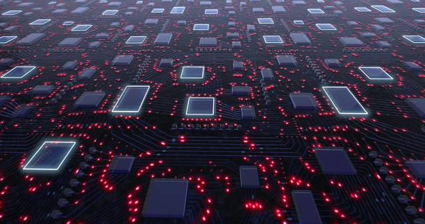 istock Concept printed circuit boards with red pulsation of glowing signals 3D rendering 1305577280