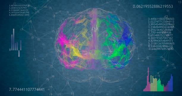 istock Rotating 360 low polygonal brain 3D model on blue background with animated numbers and diagrams 1305578176