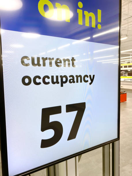 Occupant warning sign in a supermarket Occupant warning sign in a supermarket during pandemic retail digital signage stock pictures, royalty-free photos & images