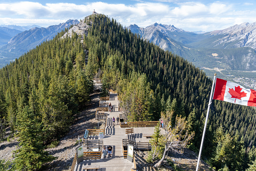 Sulphur Mountain trail in summer, wooden stairs and boardwalks along the summit. Banff National Park, Canadian Rockies, Alberta, Canada.
