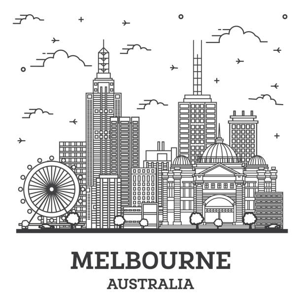 白で孤立した近代的で歴史的な建物を持つメルボルンオーストラリアシティスカイラインの概要。 - melbourne skyline australia city点のイラスト素材／クリップアート素材／マンガ素材／アイコン素材