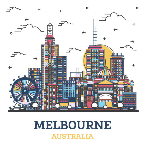 概述墨爾本澳大利亞城市天際線與彩色現代建築孤立在白色。 - 墨爾本 澳洲 插圖 幅插畫檔、美工圖案、卡通及圖標