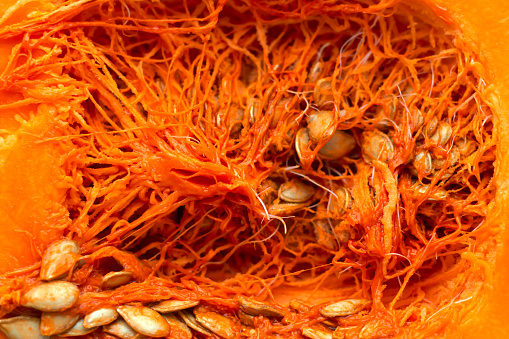 Pumpkin seeds and insides background, texture