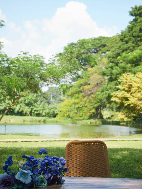 istock Empty wooden table in park, blurred nature background 1305591656