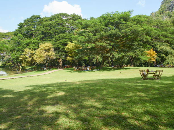 istock Blurred park background with people sitting and relaxing. 1305591667