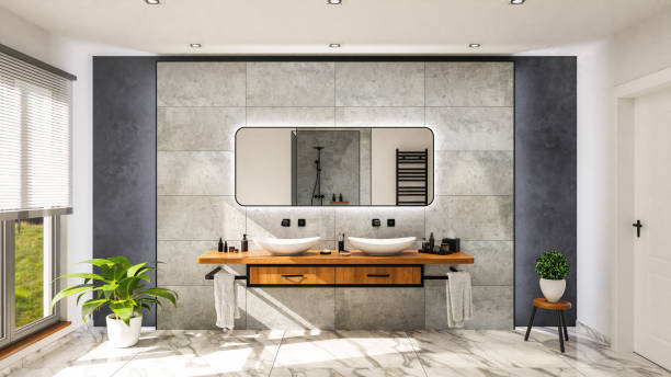 검은 물 수도꼭지 3d-일러스트와 wodden 오크 탑 화장대에 화장대 와 현대적인 욕실 - porcelain tiles 뉴스 사진 이미지