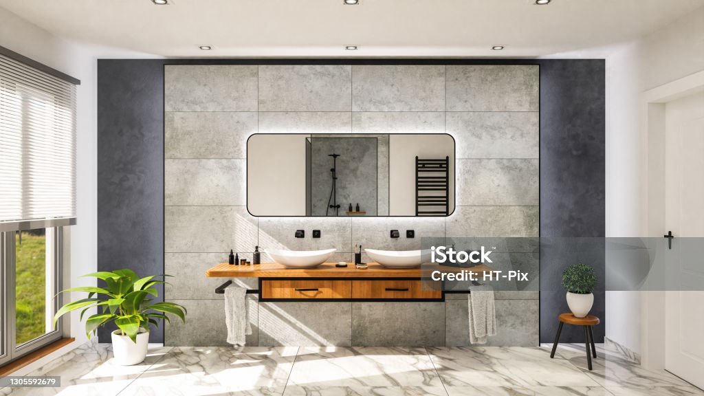 Modern bathroom with vanity basin on a wodden oak top vanity with black water faucet 3D-Illustration Bathroom Stock Photo