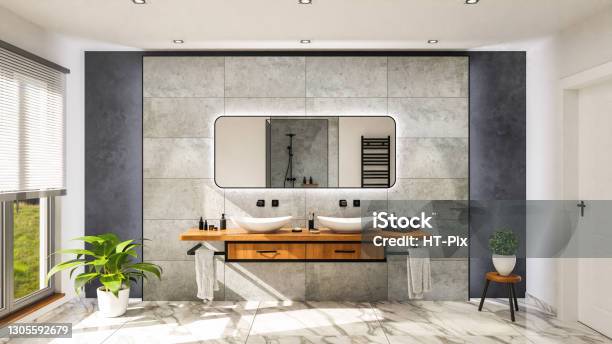 Modern Bathroom With Vanity Basin On A Wodden Oak Top Vanity With Black Water Faucet 3dillustration Stock Photo - Download Image Now