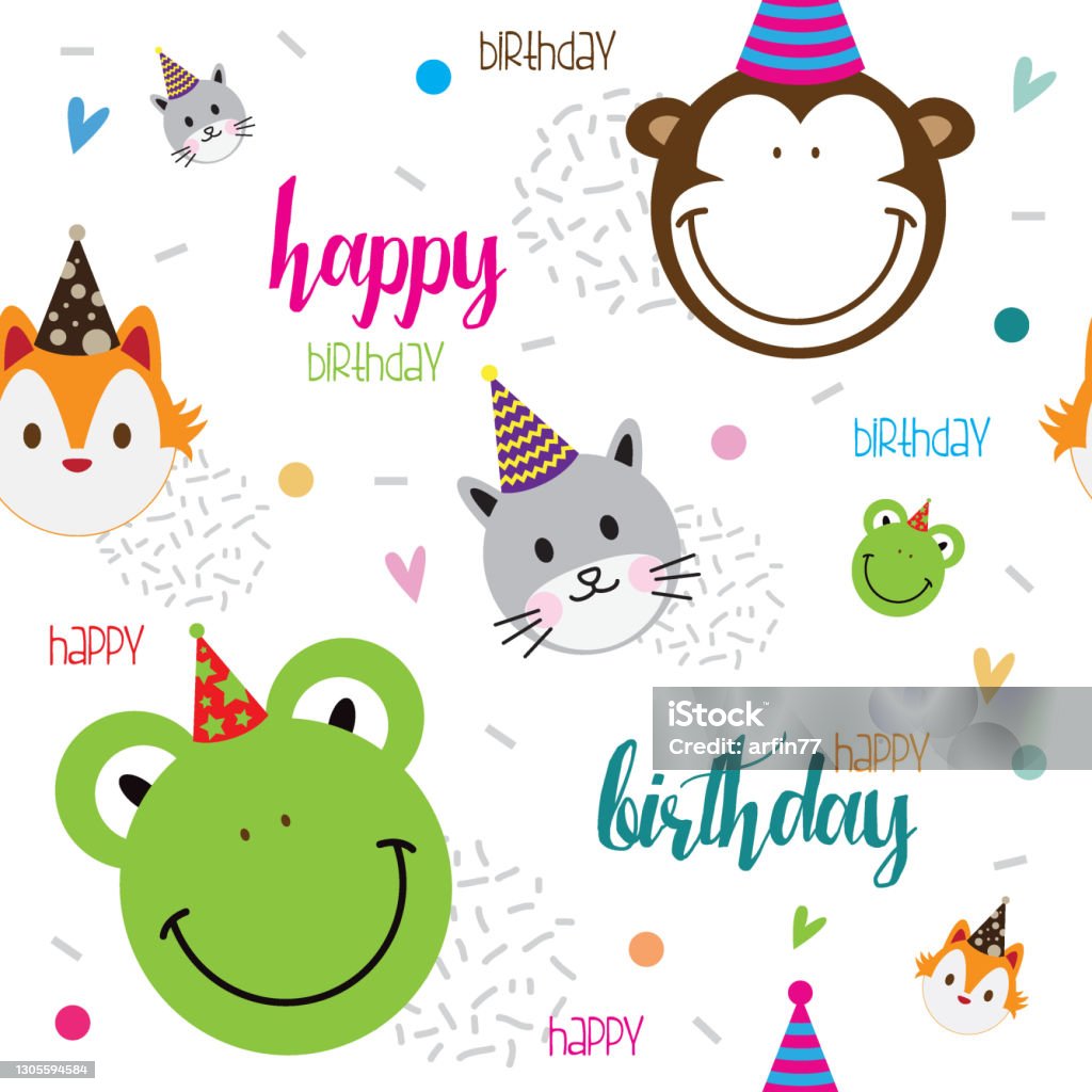 Happy Birthday With Cute Animal Head Stock Illustration - Download Image  Now - Birthday, Frog, Wrapping Paper - iStock