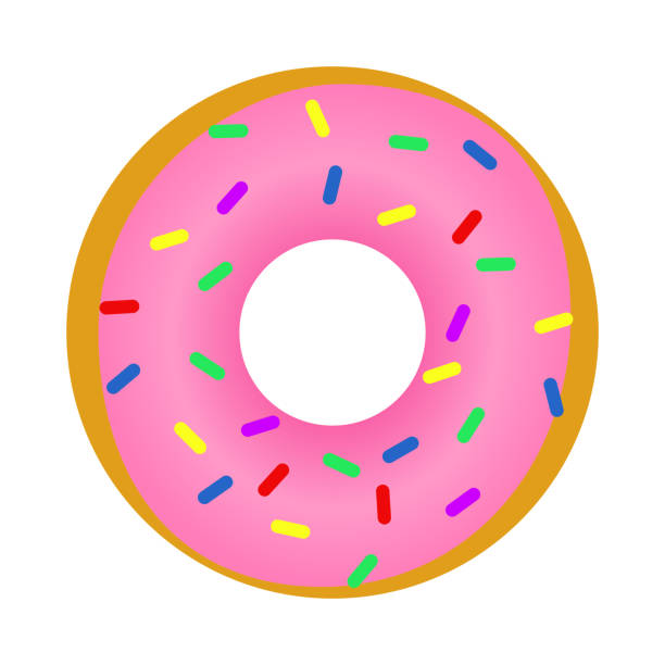 stockillustraties, clipart, cartoons en iconen met geglazuurde donut met roze room en gekleurde hagelslag die op een witte achtergrond wordt geïsoleerd. leuke, kleurrijke en glanzende donuts met roze glazuur en veelkleurig poeder. voor recepten, menu's en culinaire blogs - andrej