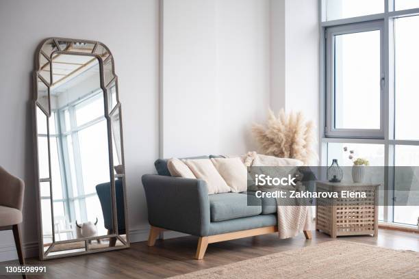 Stylish Scandinavian Modern White Cozy Eco Interior In Minimalist Stylemodern Home Decor Open Space Stock Photo - Download Image Now