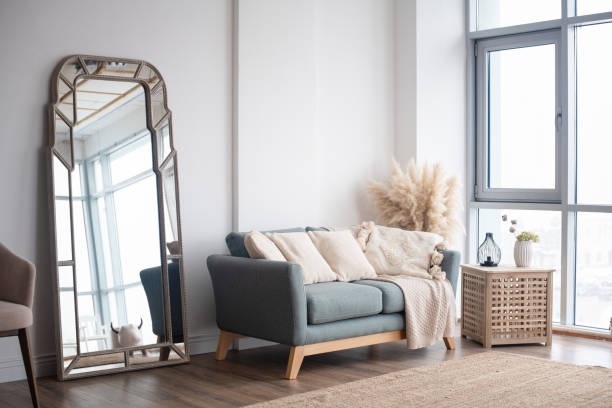 stylish scandinavian modern white cozy eco interior in minimalist style.modern home decor. open space. - mirror imagens e fotografias de stock