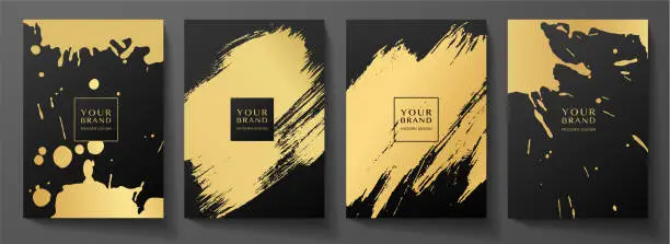 Vector illustration of Modern black cover design set. Creative art pattern with gold brush stroke, paint drop (spot) on black background