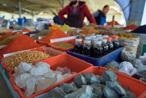 various spices on the counter of the oriental bazaar