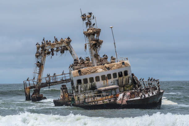 Shipwreck Zeila near Henties Bay on the Skeleton Coast of Namibia Shipwreck Zeila near Henties Bay on the Skeleton Coast of Namibia fishing boat sinking stock pictures, royalty-free photos & images