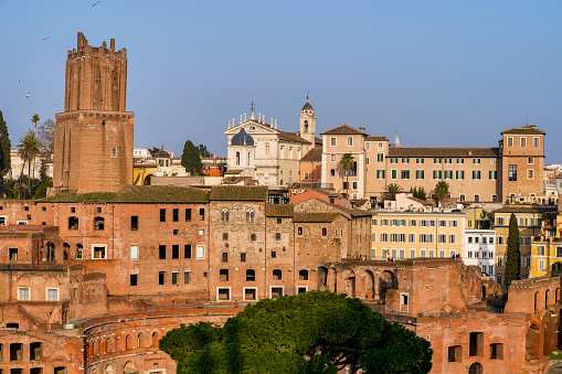 A view of the Trajan's Markets and the Roman Forum, in the historic heart of the Eternal City, in a panoramic photo taken from the Altare della Patria or Vittoriano, the Italian National Monument near the Capitoline Hill and Piazza Venezia. Image in High Definition format.