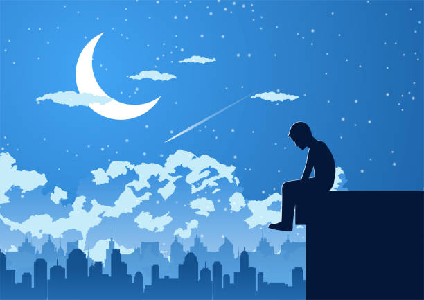 ilustrações de stock, clip art, desenhos animados e ícones de silhouette design of lonely young man on silent night at the top of building - silent night illustrations