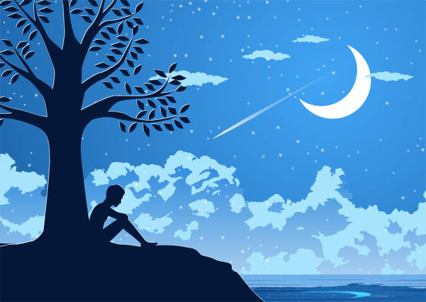 silhouette design eines einsamen jungen mannes in stiller nacht unter einem baum - silent night illustrations stock-grafiken, -clipart, -cartoons und -symbole