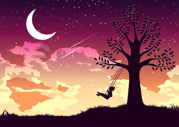 ilustraciones, imágenes clip art, dibujos animados e iconos de stock de diseño de silueta de una chica balanceándose sola bajo el árbol - swing child silhouette swinging