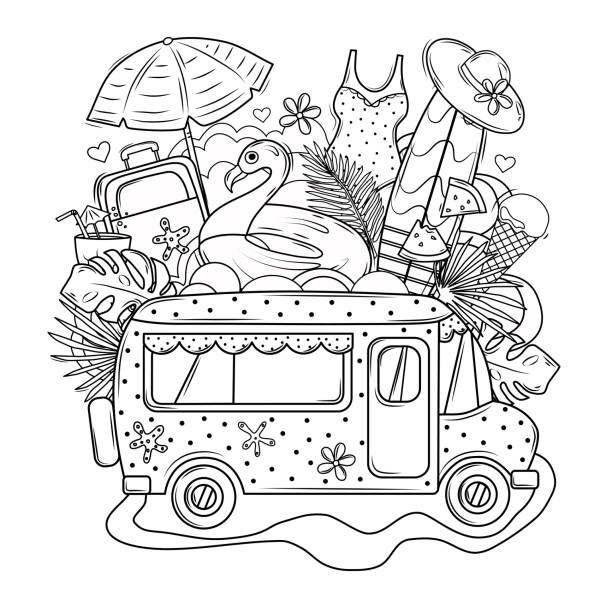 Summer coloring book. Travel to the sea by bus. Coloring book for adults. Vector set. The objects are isolated. Summer coloring book. Travel to the sea by bus. Coloring book for adults. Vector set. The objects are isolated. colouring book stock illustrations