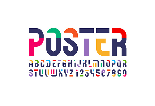Futuristic original font, sci fi display stencil alphabet, modern geometric modular letters and numbers, vector illustration 10EPS
