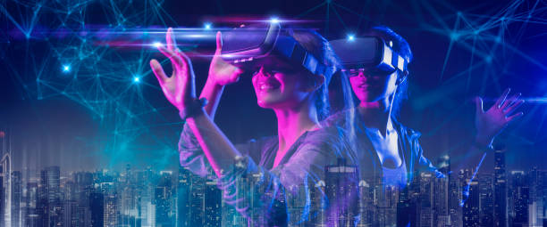 istock Future digital technology game and entertainment, Teenager having fun play VR virtual reality goggle, sport game 3D cyber space futuristic neon colorful background, 1305609962
