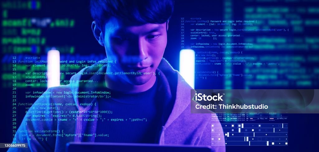 Asian Man Using Computer With Futuristic Computer Code Preview Computer ...