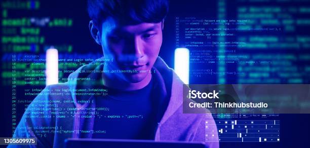 Asian Man Using Computer With Futuristic Computer Code Preview Computer ...