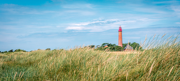 lighthouse Fluegge (Flugge) on summer day on the german island Fehmarn with grass and field