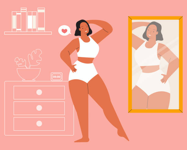 Girl looking herself in the mirror Girl looking herself in the mirror. Self-love, body positivity, and body acceptance concept. woman mirror stock illustrations