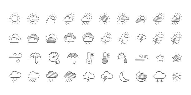 ilustraciones, imágenes clip art, dibujos animados e iconos de stock de iconos meteorológicos. iconos de clima dibujados. el tiempo domina el sol y las nubes en el cielo, la lluvia con nieve, truenos y relámpagos. ilustración vectorial - cloud drawing heat cold