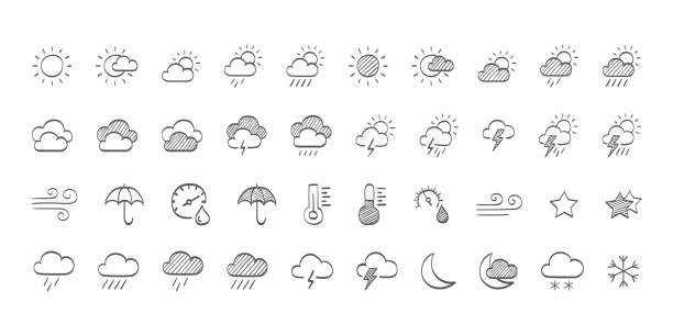 ilustrações, clipart, desenhos animados e ícones de ícones meteorológicos. ícones meteorológicos desenhados. o tempo prevê sol e nuvens no céu, chuva com neve, trovões e raios. ilustração vetorial - cloud drawing heat cold