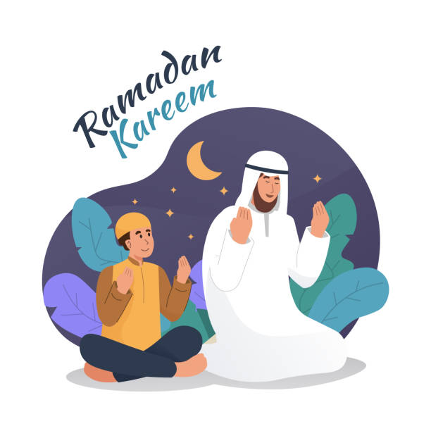 Muslim man and his son praying together at night Ramadan kareem flat cartoon character illustration muslim family stock illustrations