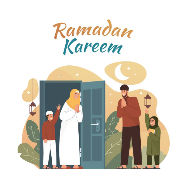 Muslim people greeting and celebrating ramadan Ramadan kareem flat cartoon illustration muslim family stock illustrations