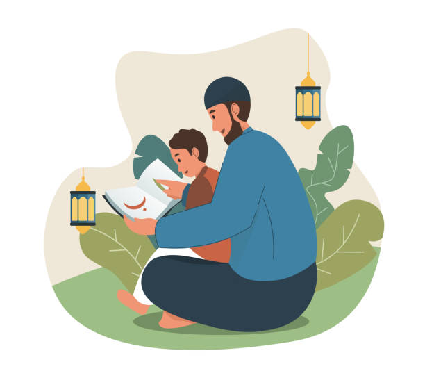 Muslim man and his son reading a book. Father teaching his son Ramadan kareem flat cartoon illustration muslim family stock illustrations