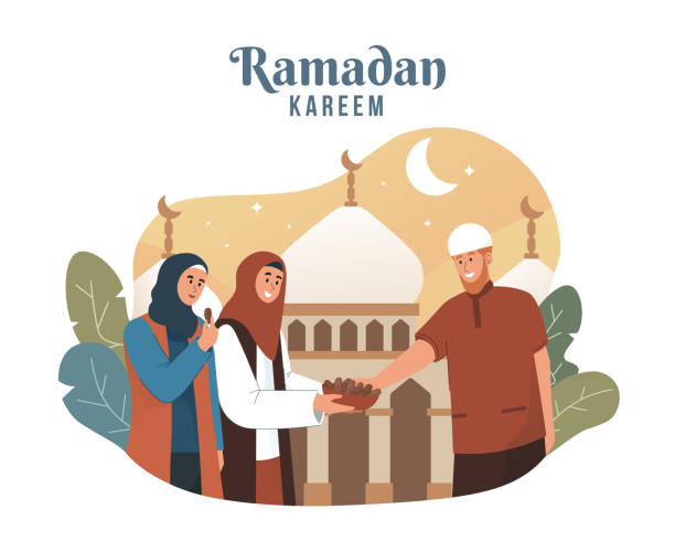 illustrazioni stock, clip art, cartoni animati e icone di tendenza di donna musulmana che condivide cibo durante l'iftar - islam women men arabia