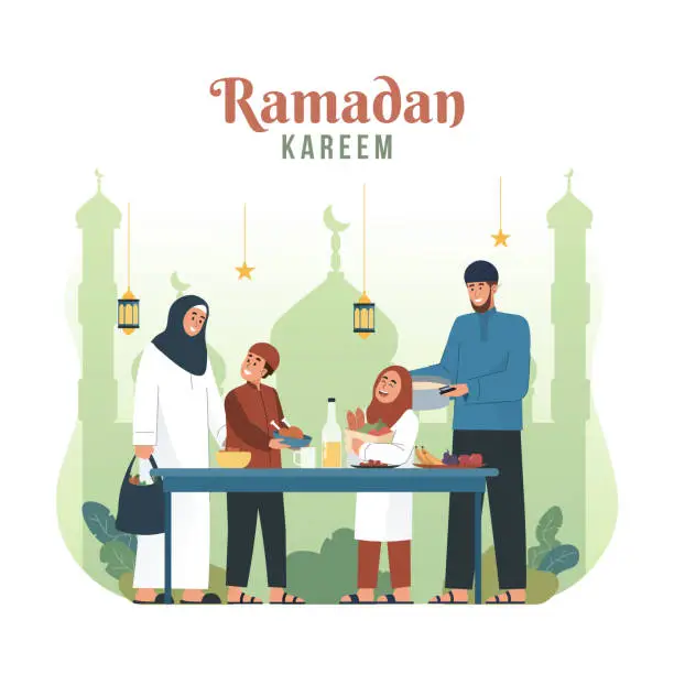 Vector illustration of Muslim family preparing iftar meal