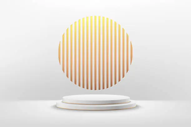 Vector illustration of Abstract vector rendering 3d shape for advertising products display with copy space. Modern white and gold round podium with empty room and golden geometric background. Minimal studio room concept.