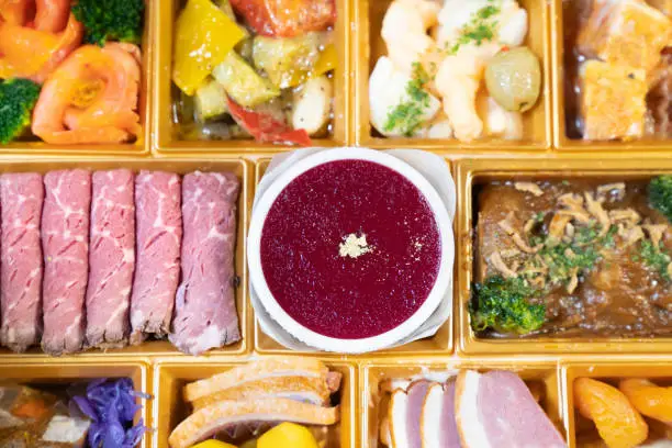 Photograph of Western-style osechi to eat in New Year in Japan.