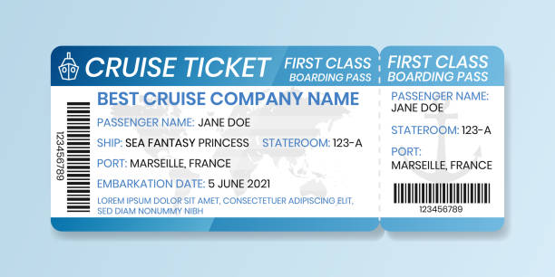 Cruise boarding pass design template. Ferry boat ticket mockup. Vector illustration of control coupon for access to ship, with barcode Cruise boarding pass design template. Ferry boat ticket mockup. Vector illustration of control coupon for access to ship, with barcode. ferry passenger stock illustrations
