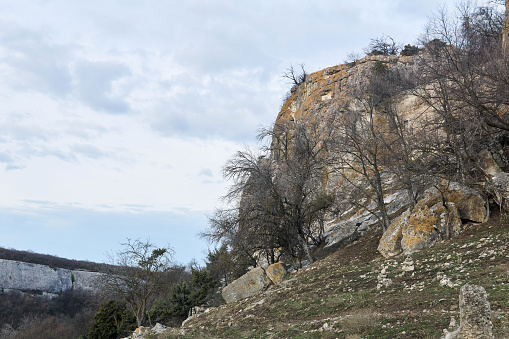 winter terrain of central Crimea with rocky cliffs at the edge of the cuesta and