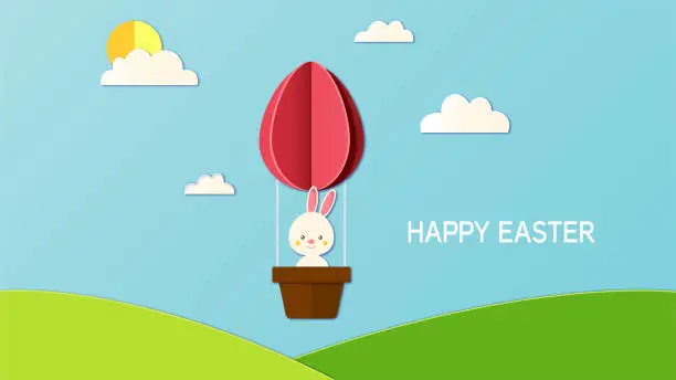 Vector illustration of Little easter bunny in a hot air egg-shaped balloon background