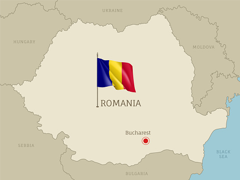 Highly detailed map of Romania territory borders, East European country administrative map with Bucharest capital city and waving national flag vector illustration
